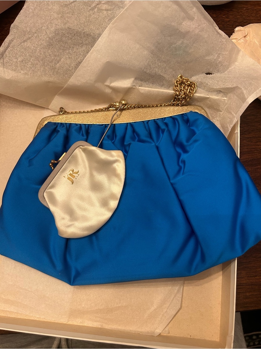 Vintage 70s Julius Resnick (JR) Blue Satin Chain-Handle Clutch with Gold Frame